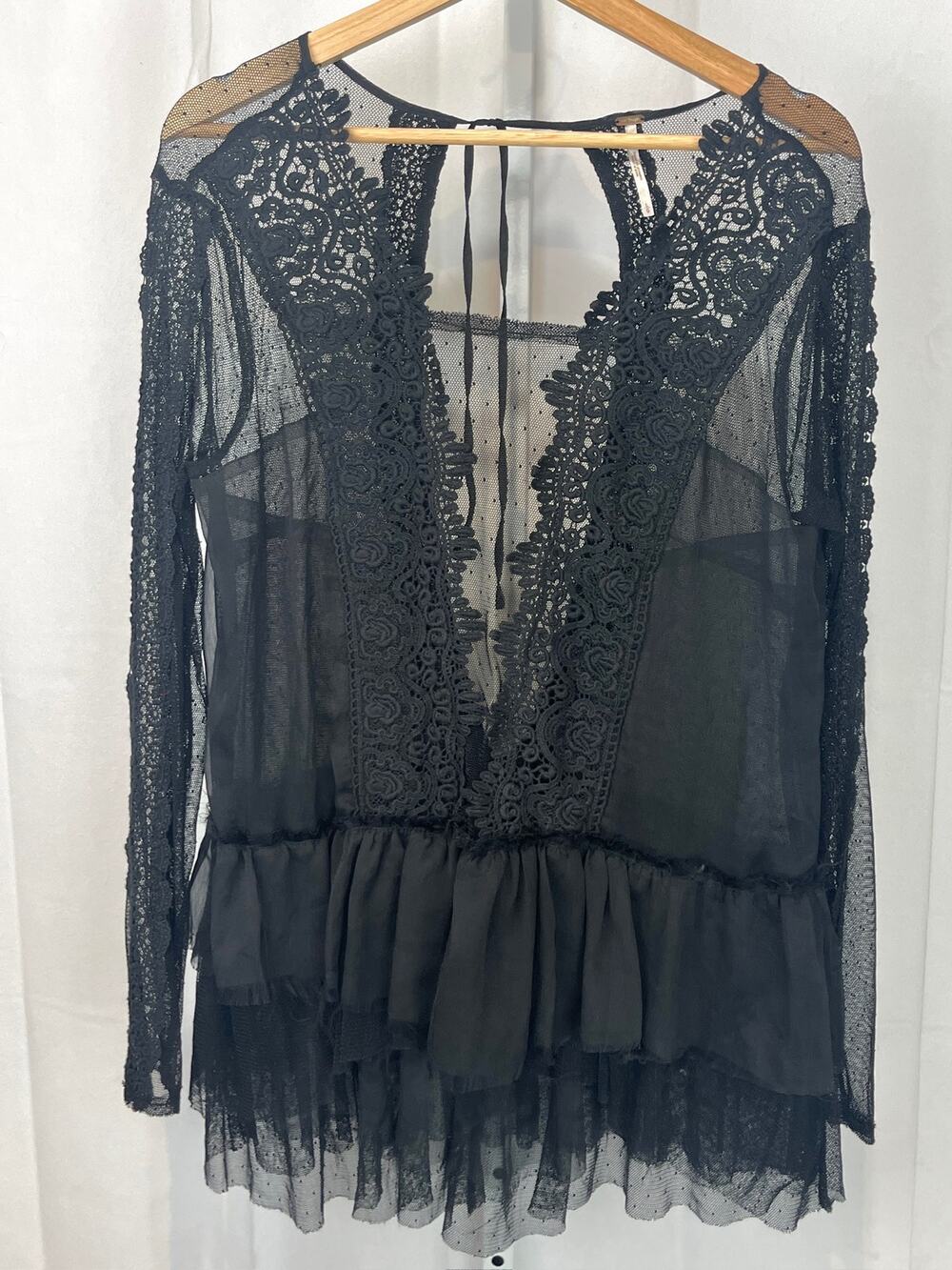 FREE PEOPLE Midnight Memories Lace Mesh Top Long Sleeve Peplum Sheer Black L